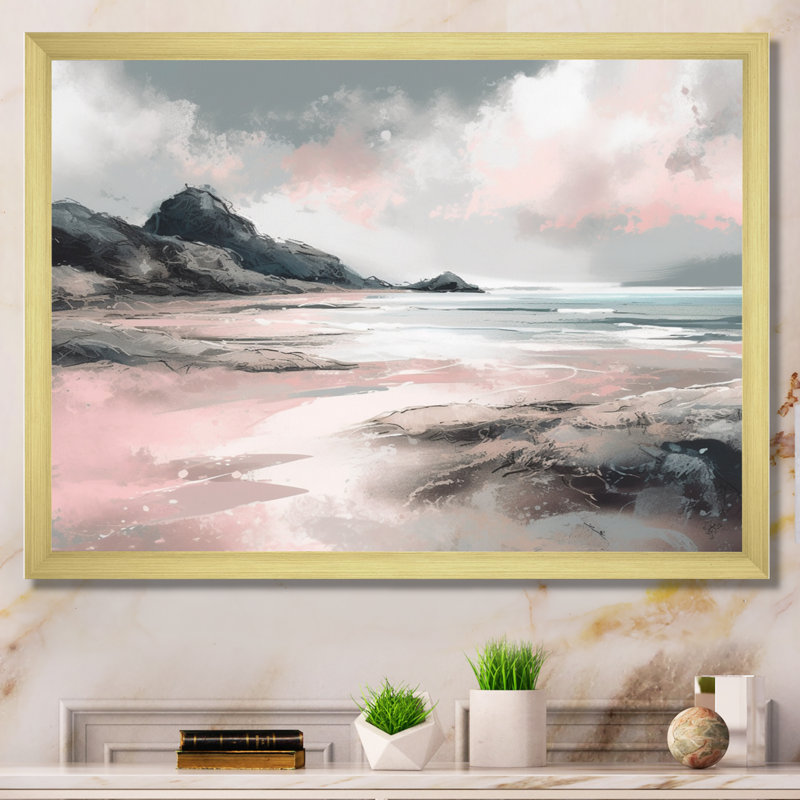 «Pink Coastal Waves I - Modern Beach», reproduction sur toile, Encadrement doré, H 24 po x l 32 po x P 1 po