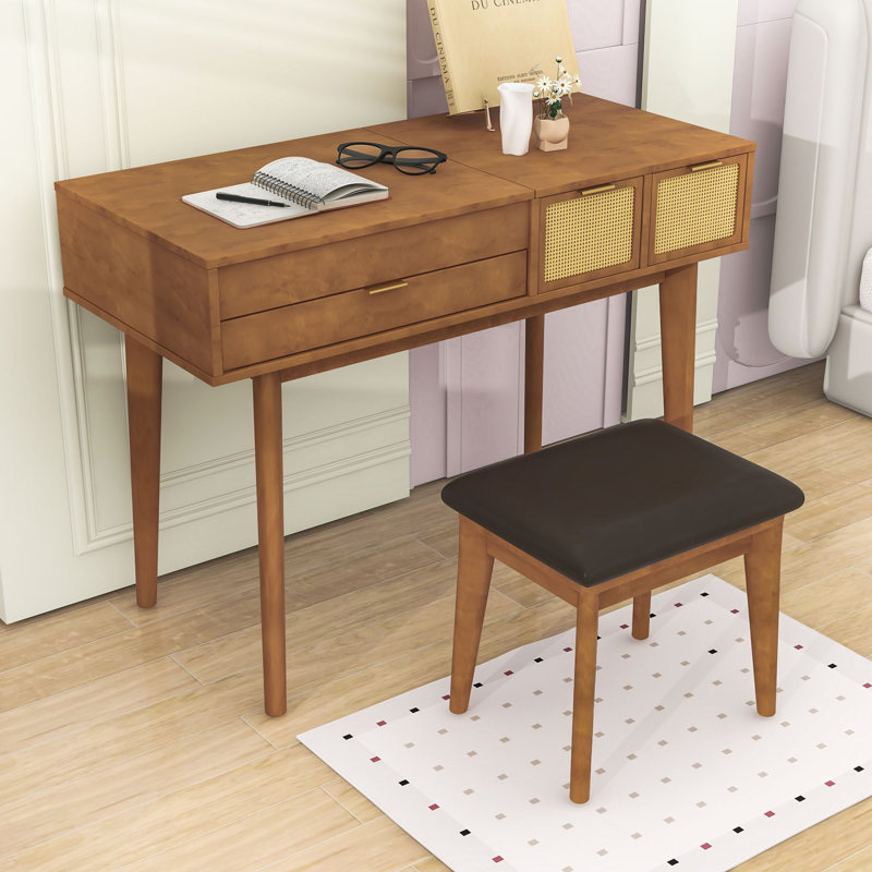 Wood Makeup Vanity Set with Three Drawers, Upholstered Stool and Mirror, Brown