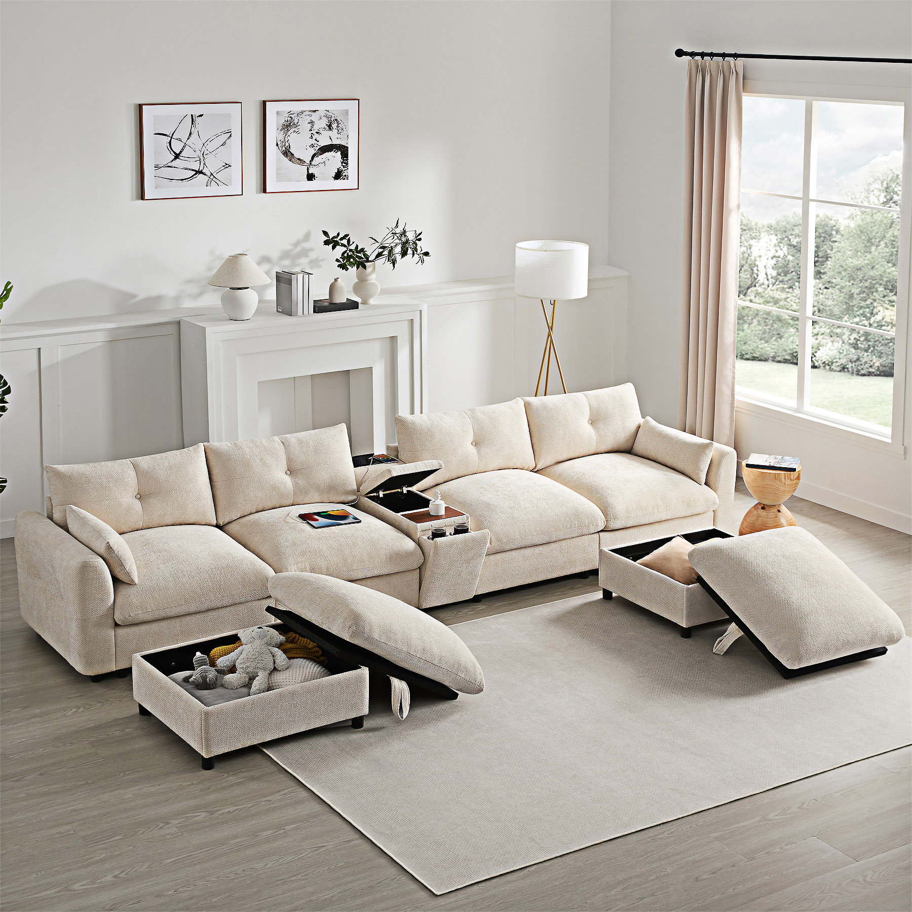 Ebern Designs Modular Sectional Sofa With Movable Storage Ottoman And ...