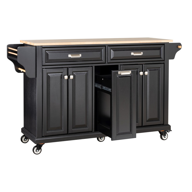 Kitchen Island With Rubber Wood Countertop, Kitchen Cart On 5 Wheels With Storage Cabinet And 2 Top Drawers And A Center Double Layered Storage Drawer