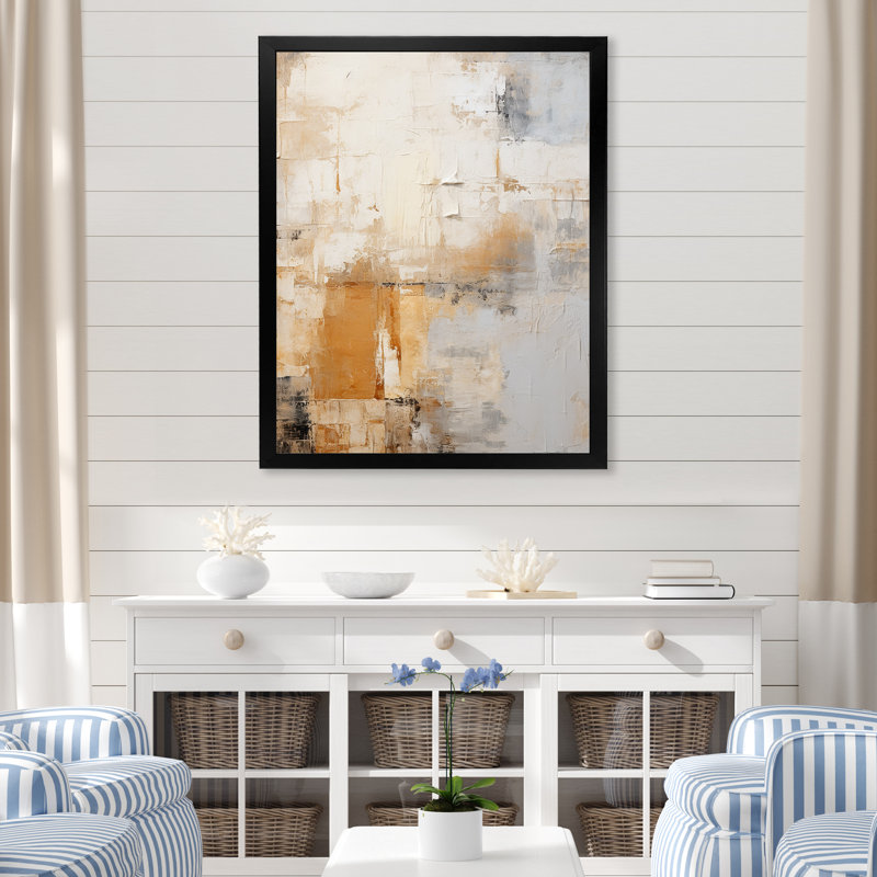 «Gold and Beige Soft Fusion - Abstract Collages», impressions d'art mural, Cadre simple noir, H 44 po x l 34 po x P 1,5 po