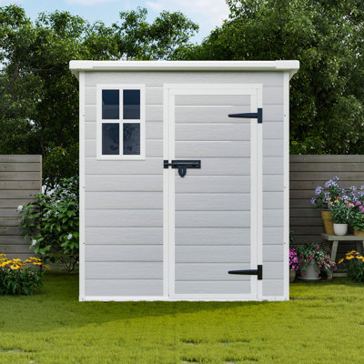 Remise de rangement 6 x 6 pi, remise extérieure en résine imperméable avec plancher et fenêtre et portes et évents verrouillables, remise à outils pour vélo, jardin, cour, pelouse, utilisation toutes saisons