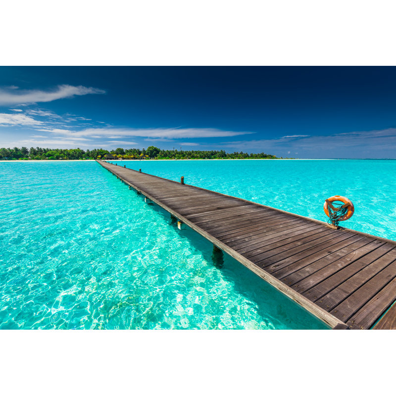 Long Wooden Jetty Over Atoll And Tropical Island In Maldives, 30cm H x 46cm W x 3.8cm D