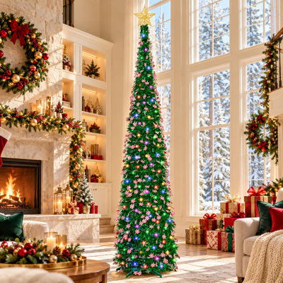 Sapin de Noël artificiel pliable et fin, pré-illuminé, de 1,37 m / 1,83 m / 2,29 m, avec 100 lumières DEL, une étoile et des décorations en forme de canne à sucre pour la décoration intérieure des fêtes.