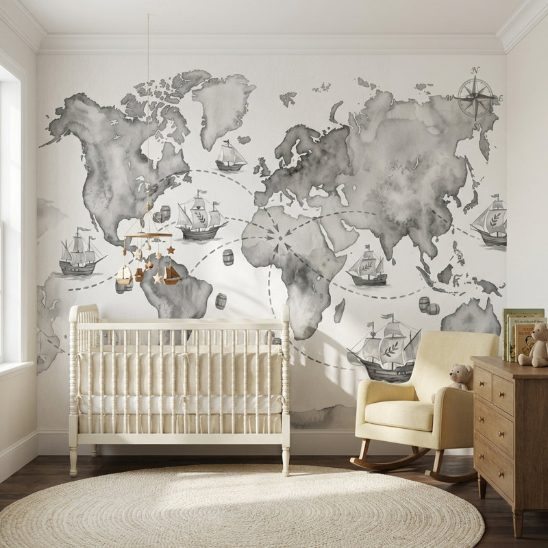 Papier peint carte du monde, 160 po x 108 po, Peler et coller