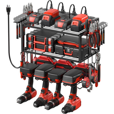 Tool Storage Rack With Charging Station, Three-tier Garage Power Tool Organizer, Equipped With An 8-outlet Power Strip, Multi Purpose Storage Rack With Hooks