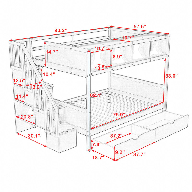 Kids Twin Over Full Bunk Bed with Drawers, Gray