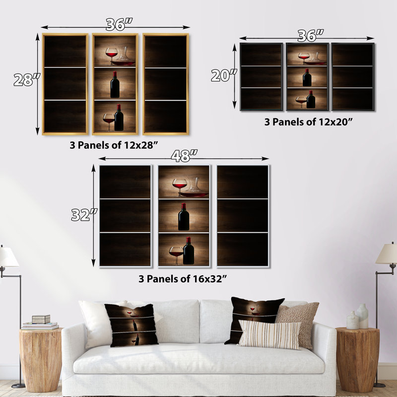 Bouteille verte avec vin rouge et verre - ensemble d'art mural sur toile, H 28 po x l 36 po x P 1 po, Blanc