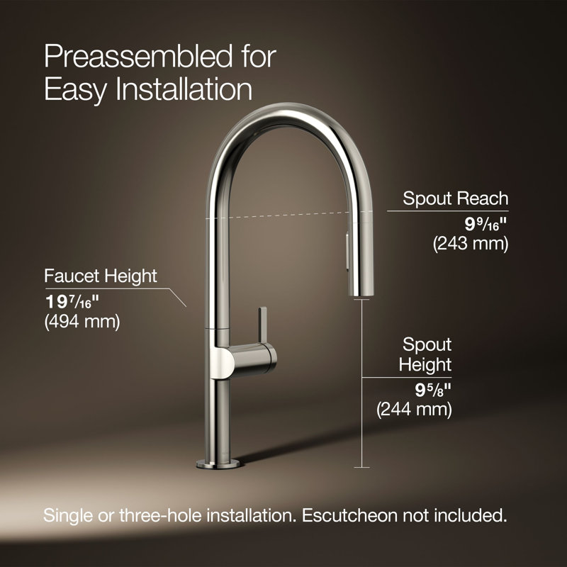 Composants : Robinet d'évier de cuisine avec douchette extractible avec pommeau de douche à deux fonctions, Polished Nickel