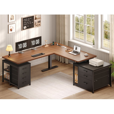 Bureau debout en L électrique avec 7 tiroirs, bureau à hauteur réglable de 63 po x 55,1 po avec prises de courant, bureau assis-debout de 28,3 po à 47,2 po avec tablettes de rangement, 3 préréglages de mémoire, noir et brun