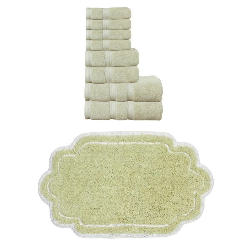 Talbert Collection 100% Soft Cotton Towel Set & 21x34" Bath Rug, 9 Piece Towel Set, Green