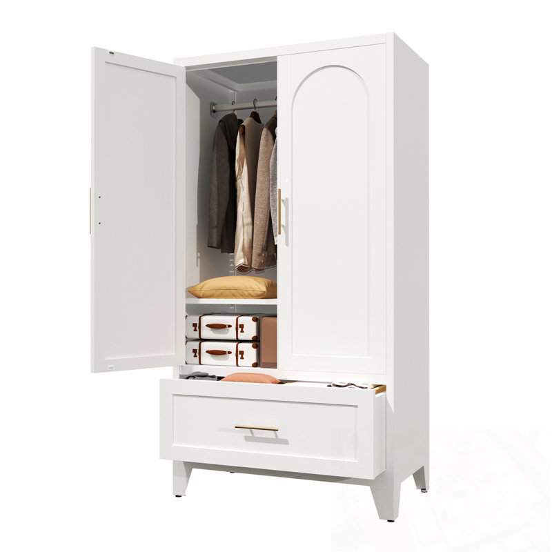 Armoire-penderie 2 portes en métal avec 1 tiroir et tringle, Blanc