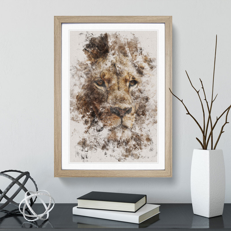Face of a Lion Watercolour - Picture Frame Graphic Art, 65cm H x 48cm W x 2cm D, Oak