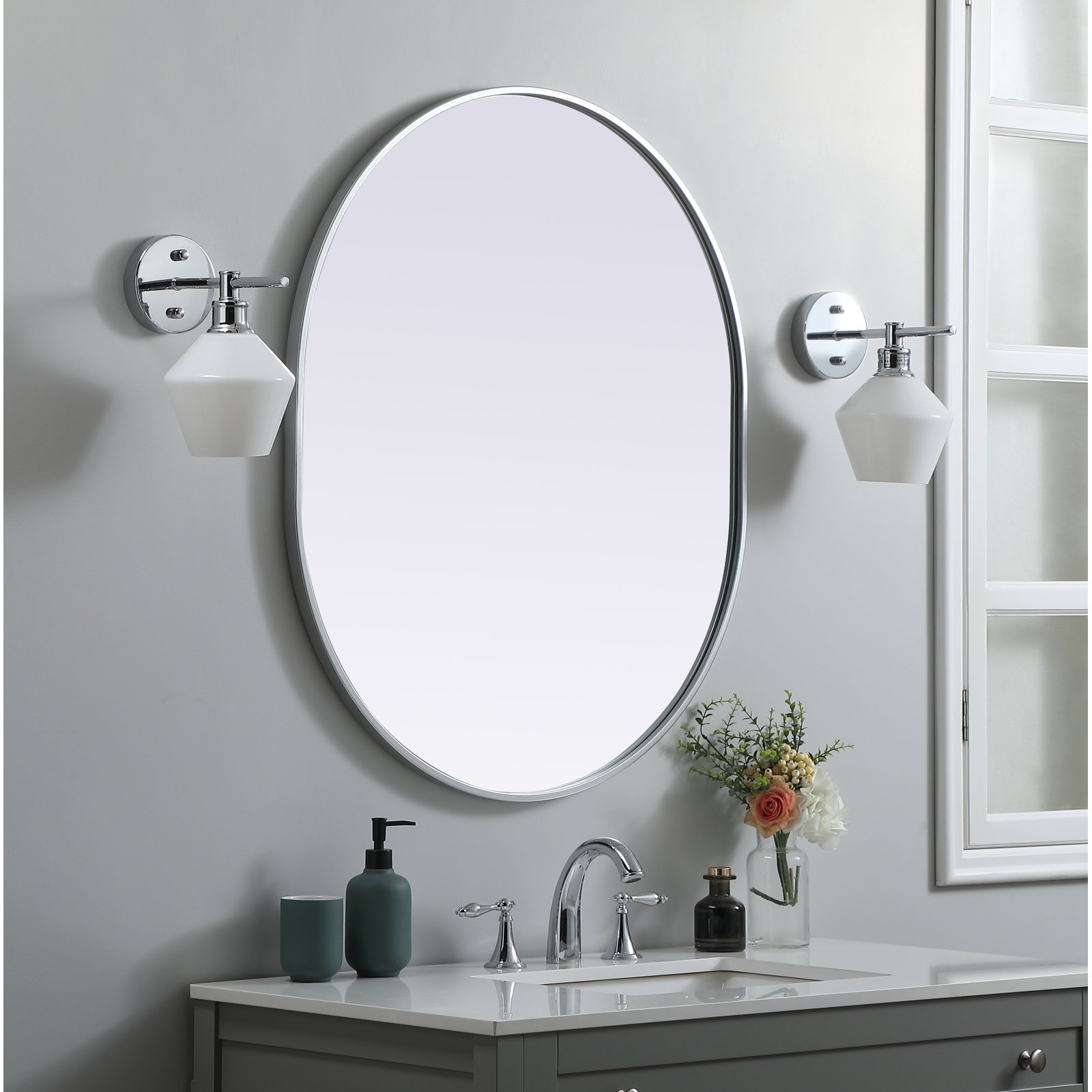 Sabine Metal Pill Wall Mirror, Silver, 36" x 30"