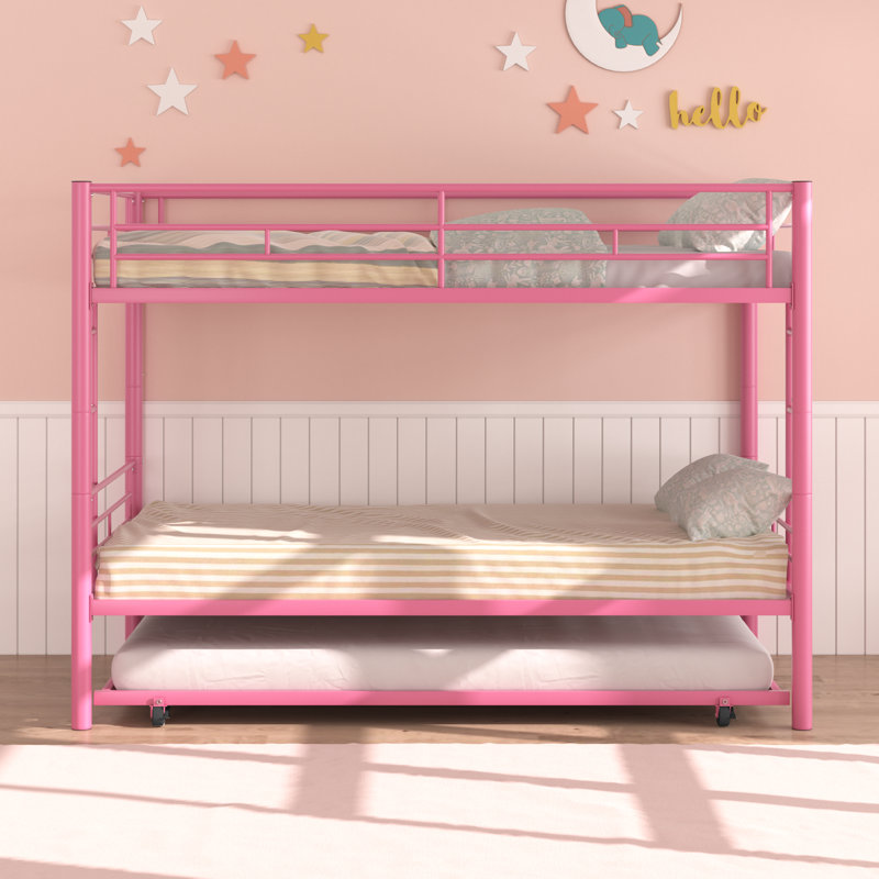 Aafke Twin-Over-Twin Bunk Bed with Trundle,Metal Trundle- W/Safety Rail and Ladder, Pink