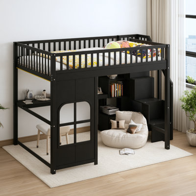 Lit mezzanine simple / double en bois massif avec escalier de rangement, bureau intégré, lumières DEL et port USB