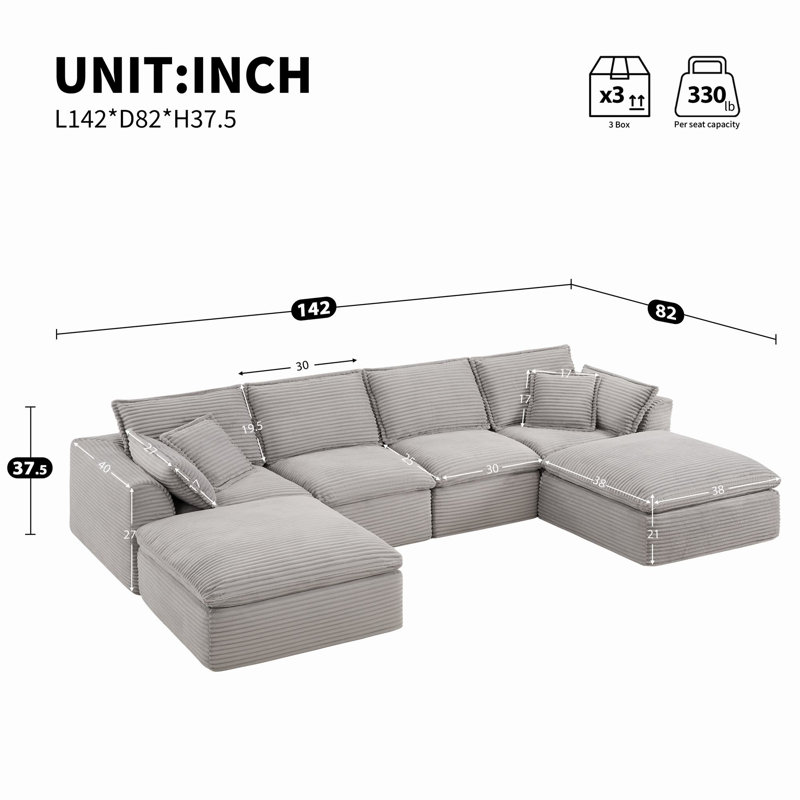 Canapé modulaire rembourré 6 pièces 142 po Forbestown, Velours côtelé gris pâle