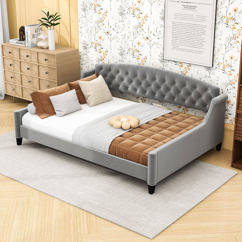Full Size Tufted Upholstered Daybed with Slats, Grey