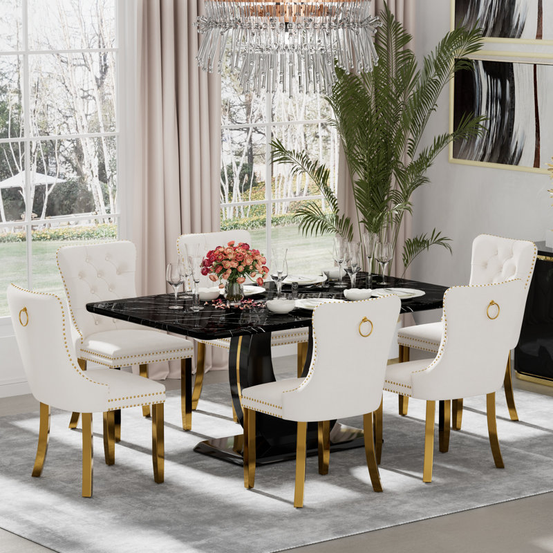 Rectangle Marble Texture Dining Table Set, Beige, 7, Black
