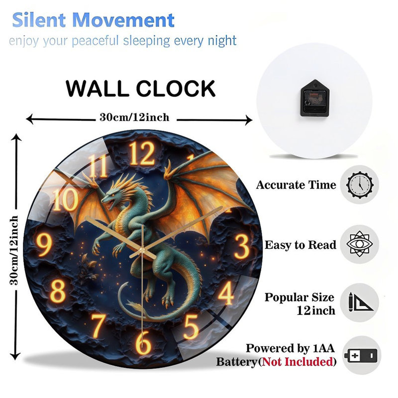 Horloge murale silencieuse en verre trempé de 30 cm, « Horloge Dragon Fantastique », sans tic-tac, fonctionne avec des piles (piles AA non comprises), décoration artistique pour la maison