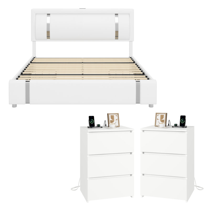 3-Piece Bedroom Sets, Storage Bed with 2-Drawers and Charging Port, Queen, White