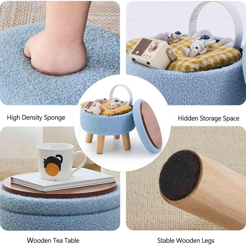Round Storage Ottoman Footrest With Wood Legs Blue
