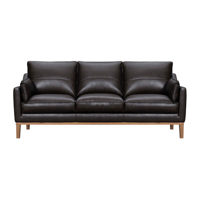 Canapé Gracie Mills 87" en cuir brun foncé avec coussins décoratifs et pattes brunes