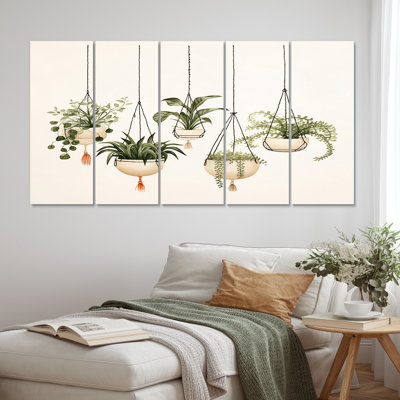 Hanging Houseplants Boho Botanical Watercolor V - Abstract Botanicals Wall Art Living Room - 5 Equal Panels