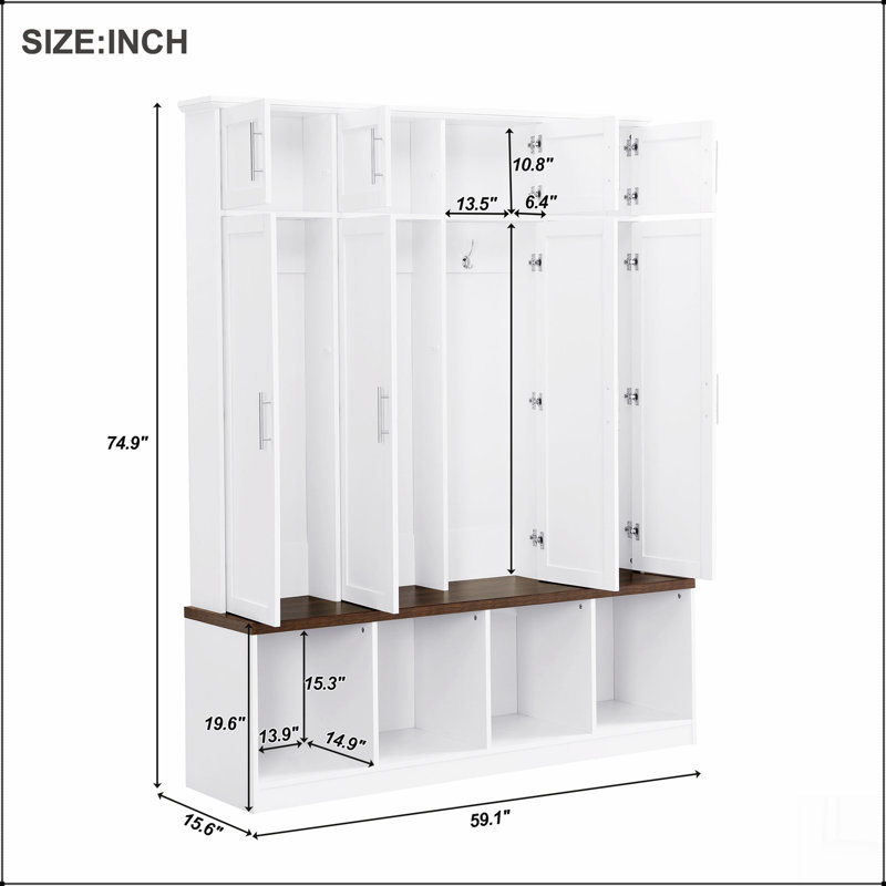 Multi-Functional Hall Tree with 4 Hidden Hanging Hooks, Wood Grain Bench, White