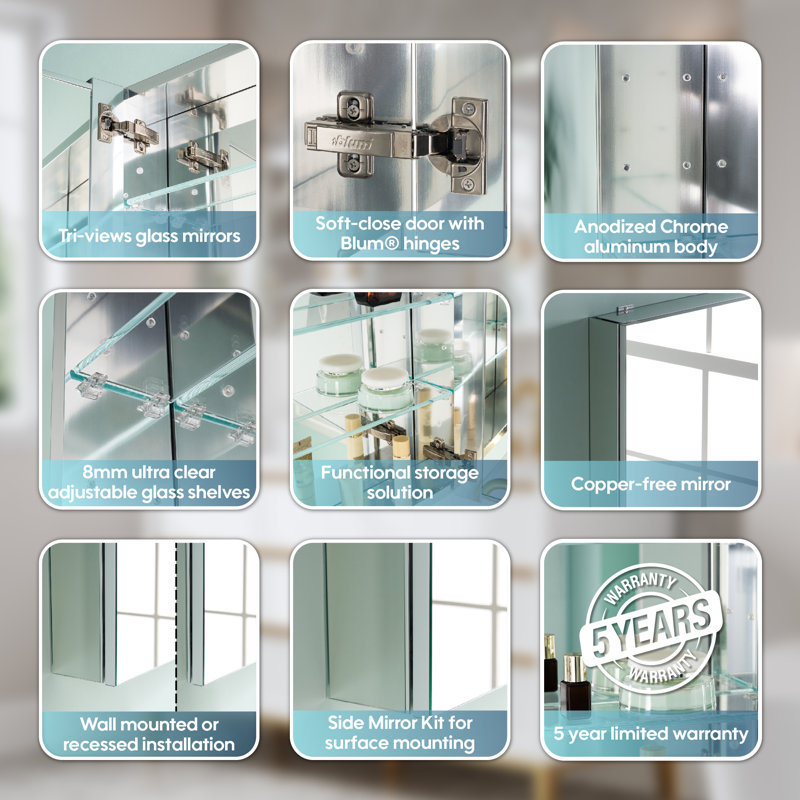 Recessed Or Surface Wall Mount Bathroom Medicine Cabinet With Adjustable Glass Shelves, 30" H x 24" W x 4.8" D, Left