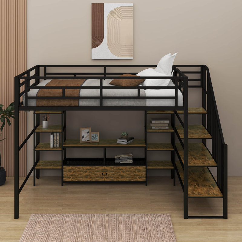 Full Size Metal Loft Bed With Staircase,Table And Shelves, Black
