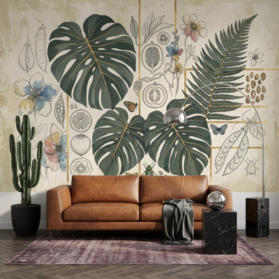 Papier peint botanique à motif de feuilles tropicales et grille amovible