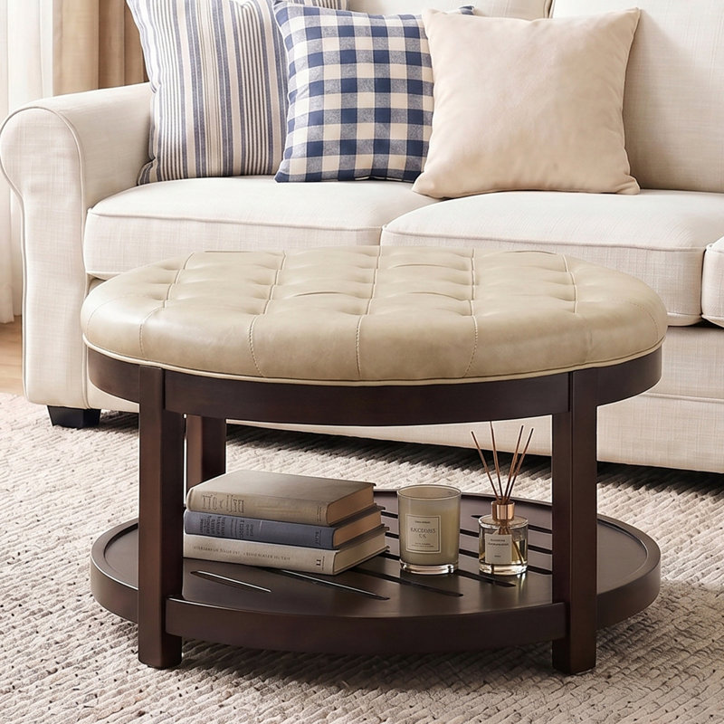 Repose-pieds capitonné avec plateau de rangement Farmhouse, Similicuir beige