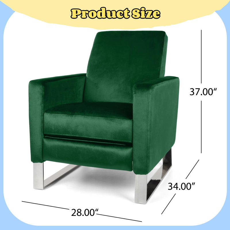 Modern Glam Push-Back Recliner with Stainless Steel Legs, Green Velvet