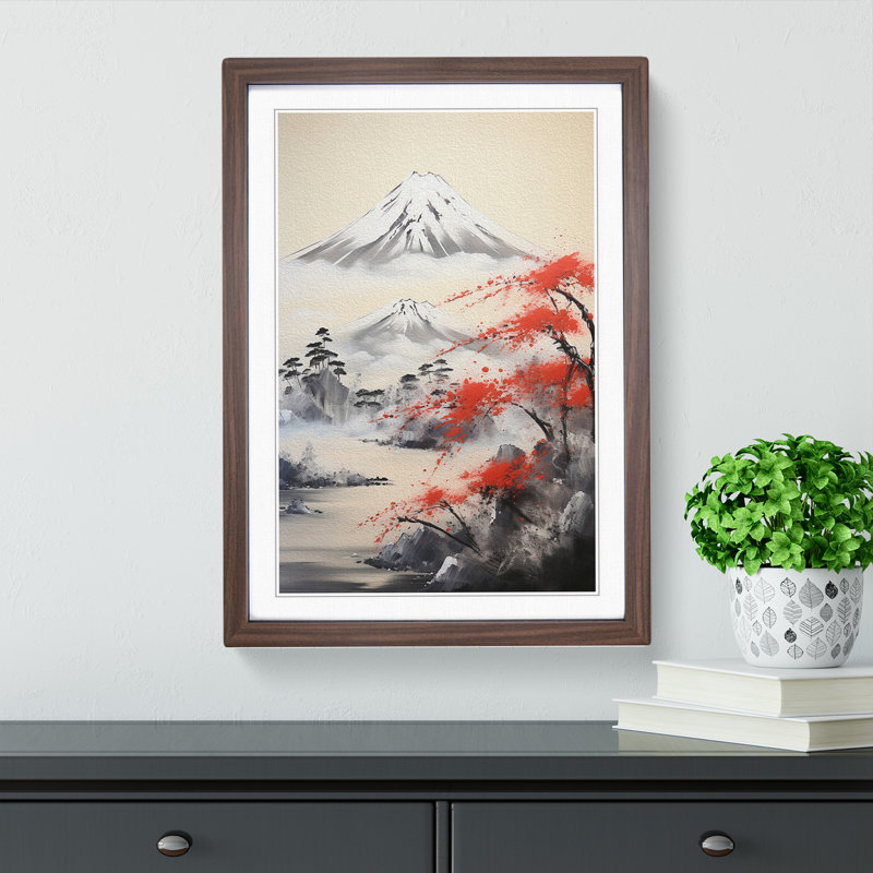 Mount Fuji Gestural - Single Picture Frame Print on Wood, 34cm H x 25cm W x 2cm D, Walnut Framed