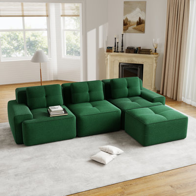 Canapé modulaire en forme de L de 117 po de largeur avec tissu velours côtelé, siège profond, repose-pieds mobile, passepoil perlé et base antidérapante