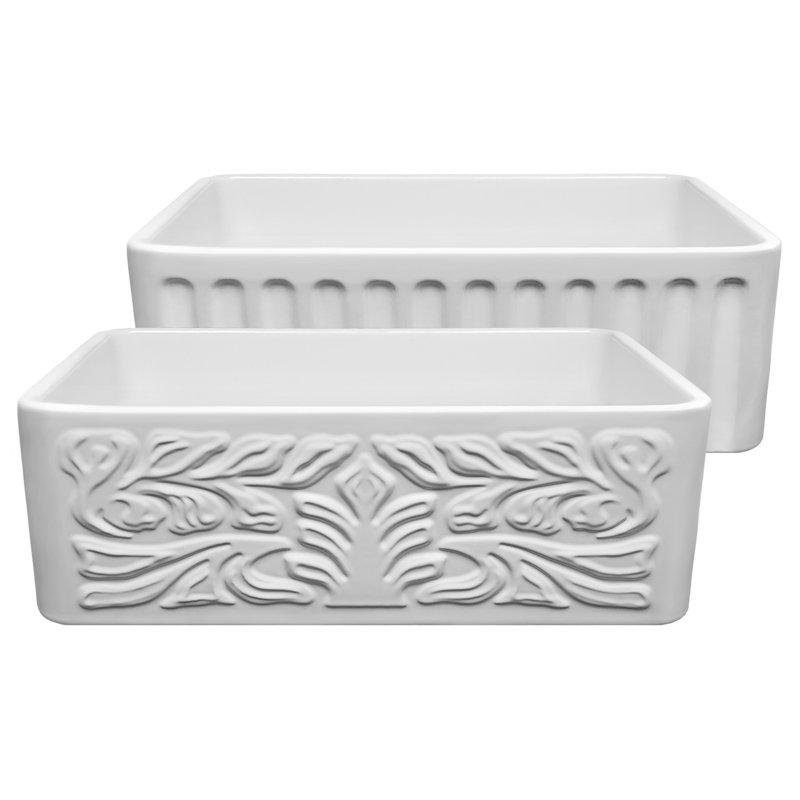 Whitehaus 30” Reversible Single Bowl Fireclay Kitchen Sink: Roman Floral, Fluted Front Apron, White