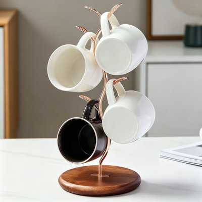 Leaf Shaped Coffee Tea Cup Mug Holder Stand for Countertop, Wood Base Kitchen Organizer, Holds 4 Mugs