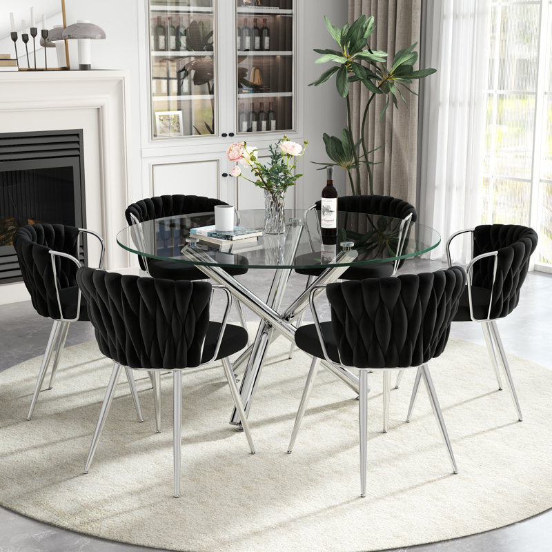 47in Round Glass Dining Set, Black, 7 Pieces: Table, 6 Chairs, Silver