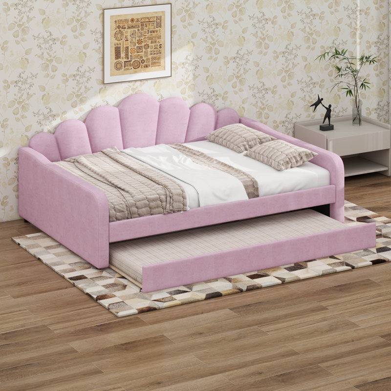 Cadre de lit de jour rembourré Queen Size avec lit gigogne et dossier profilé, Pink