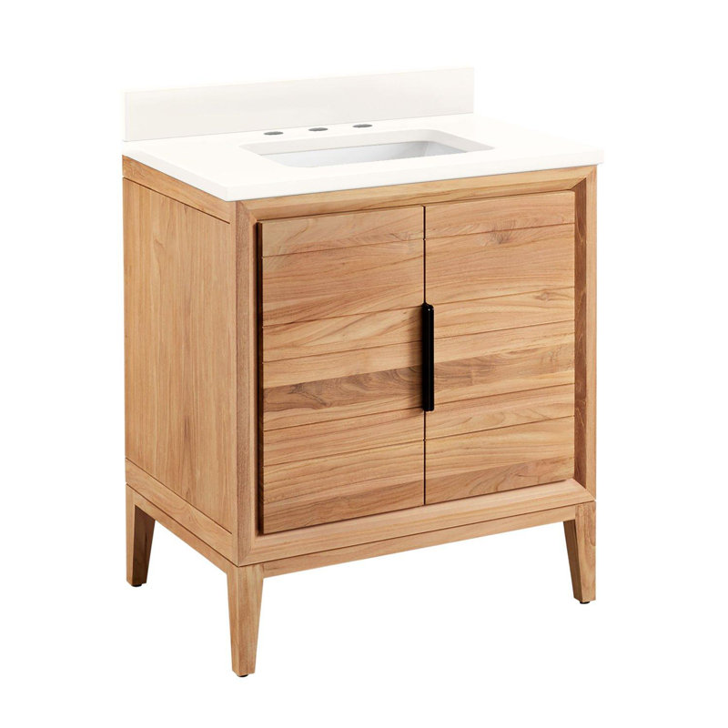 Ensemble de meuble-lavabo simple 30 po avec lavabo sous le comptoir Aliso, Quartz blanc arctique, 8 po, Teck naturel