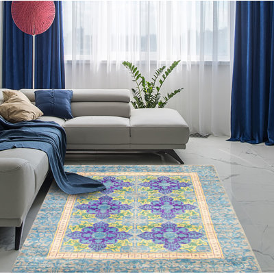 Tapis unique en laine noué à la main 5 pi 2 po x 6 pi 7 po nouvel âge Lahore Finish Turquoise Caryann