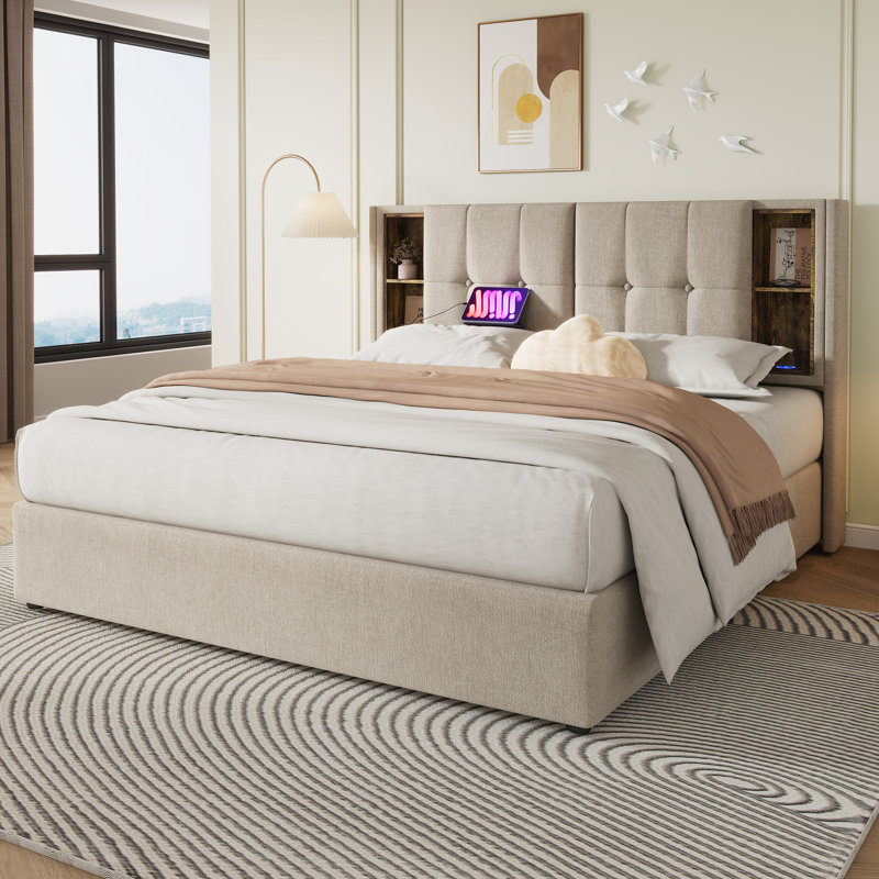 Upholstered Bed With Wireless Charging, Beige, 150 x 200cm
