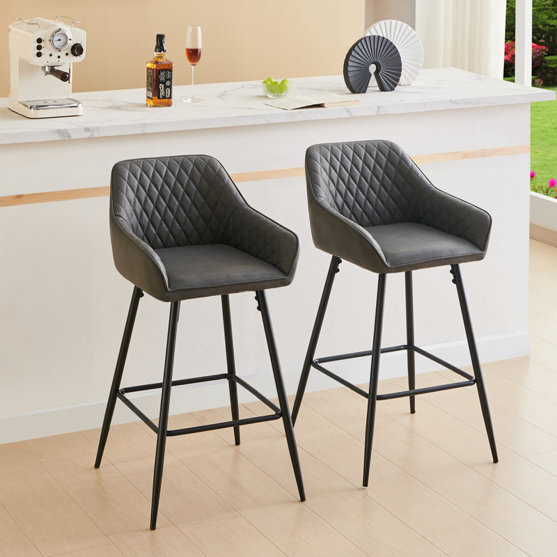 Saarrah 68cm Upholstered Bar Stool with Arms, Grey Faux Leather, 2