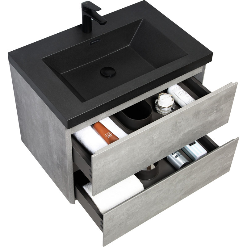 Meuble-lavabo de salle de bain moderne 30 po, gris avec plateau en quartz noir et élément de mèche