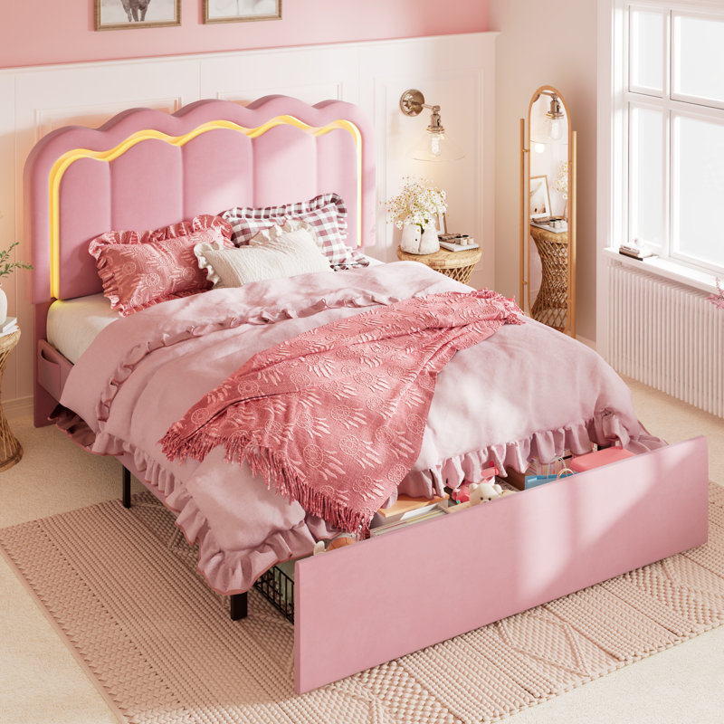 Base de lit tapissier avec rangement et tête de lit réglable en velours à DEL, Grand, Rose