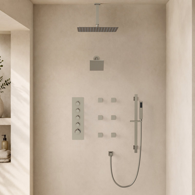 Système de douche thermostatique à double effet pluie de 40 cm (16 po) à montage au plafond, avec 6 jets corporels et douchette à main.