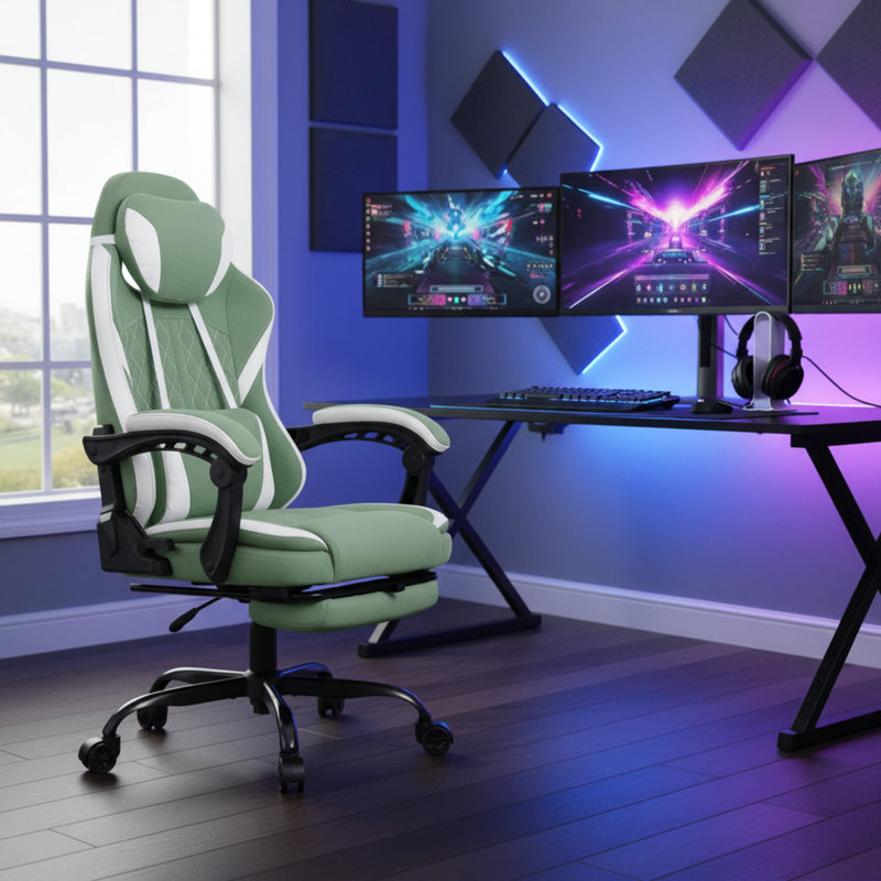 Green Adult-Sized Fabric Gaming Chair With A High-Back Ergonomic Design, Featuring A Footrest, Adjustable Headrest, And Massage Lumbar Support; 90-155° Free Tilt.