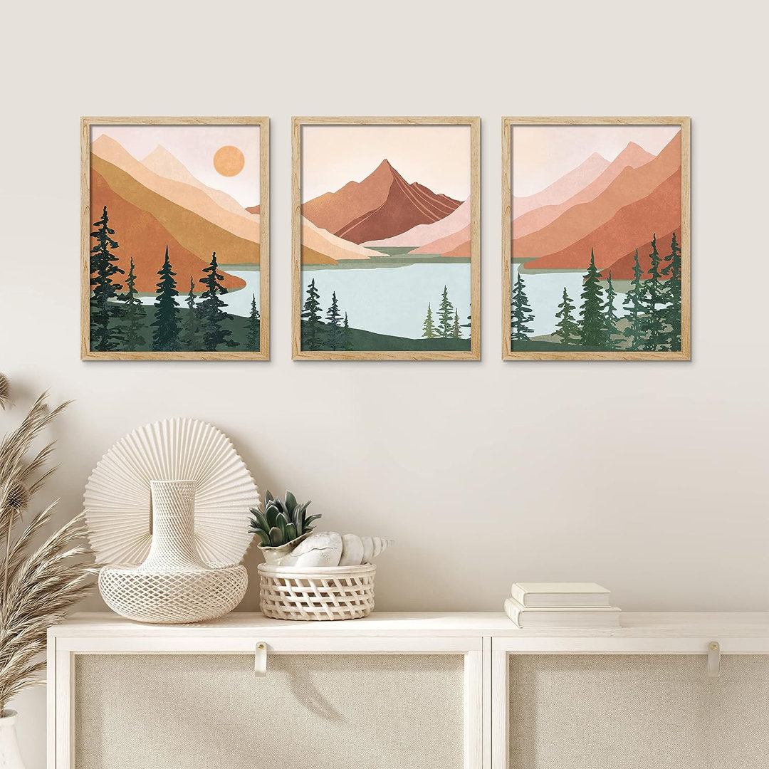 " IDEA4WALL Framed Set Geometric Mountain Forest Lake Wall Art, Set Of 3 Abstract Nature Illustrations Wall Decor Prints, Nordic Wall Décor For Living Room, Bedroom " 3 - Pieces IDEA4WALL Frame