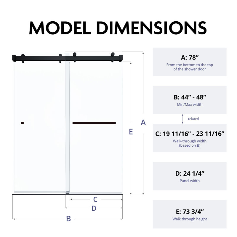  44" – 48” W x 78"H Frameless Double Sliding Soft Closing Glass Shower Doors | 3/8" Tempered Clear Glass | Leak-Proof Precision | Durable Stainless-Steel Hardware